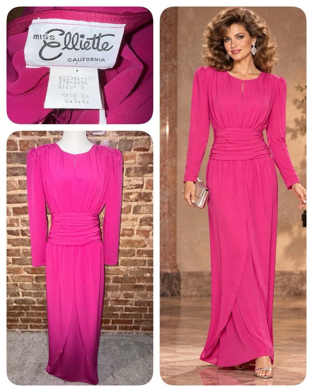 Vintage 80s Miss Elliette Fuchsia Pink Ruched Waist Maxi Formal Dress 8 USA